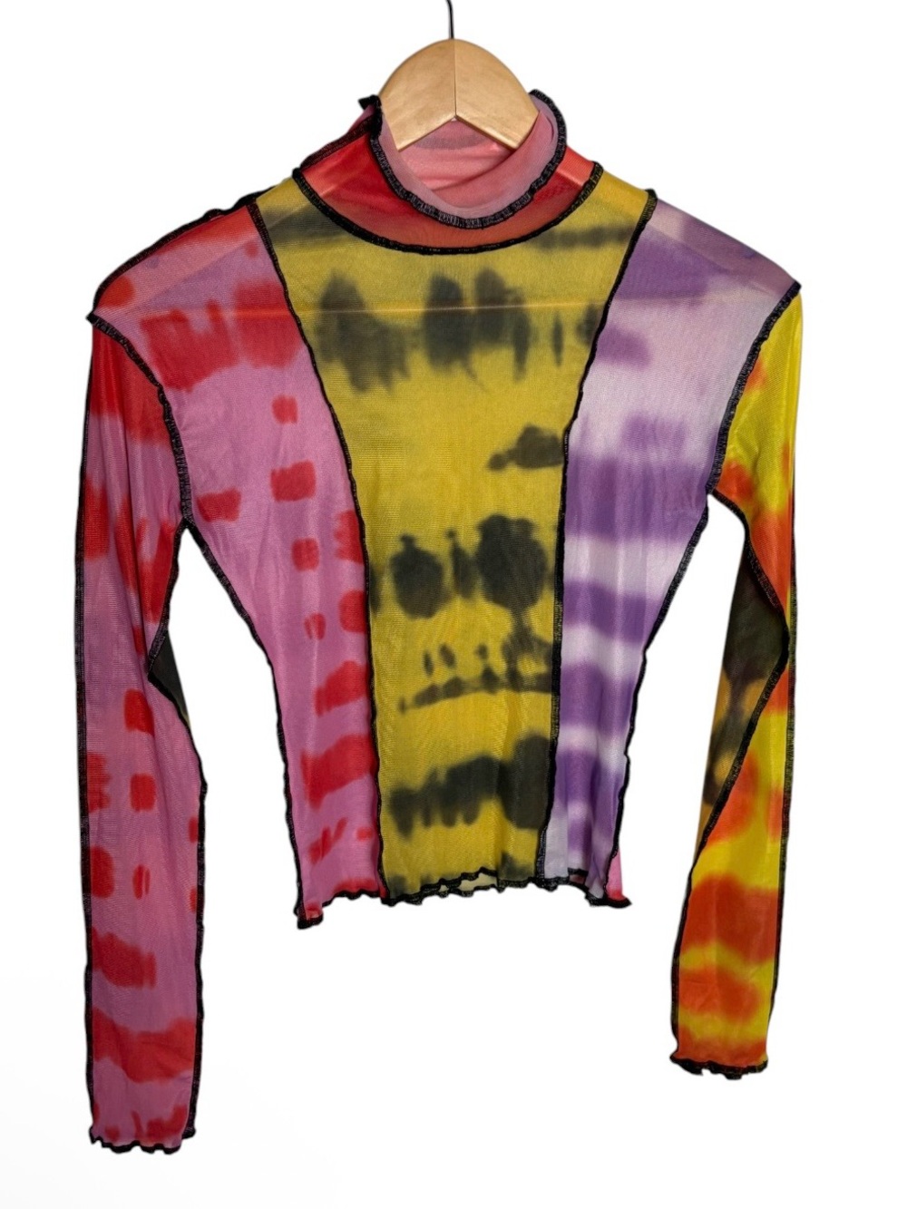 Mesh turtleneck exposed seams tie dye colorful blouse size S